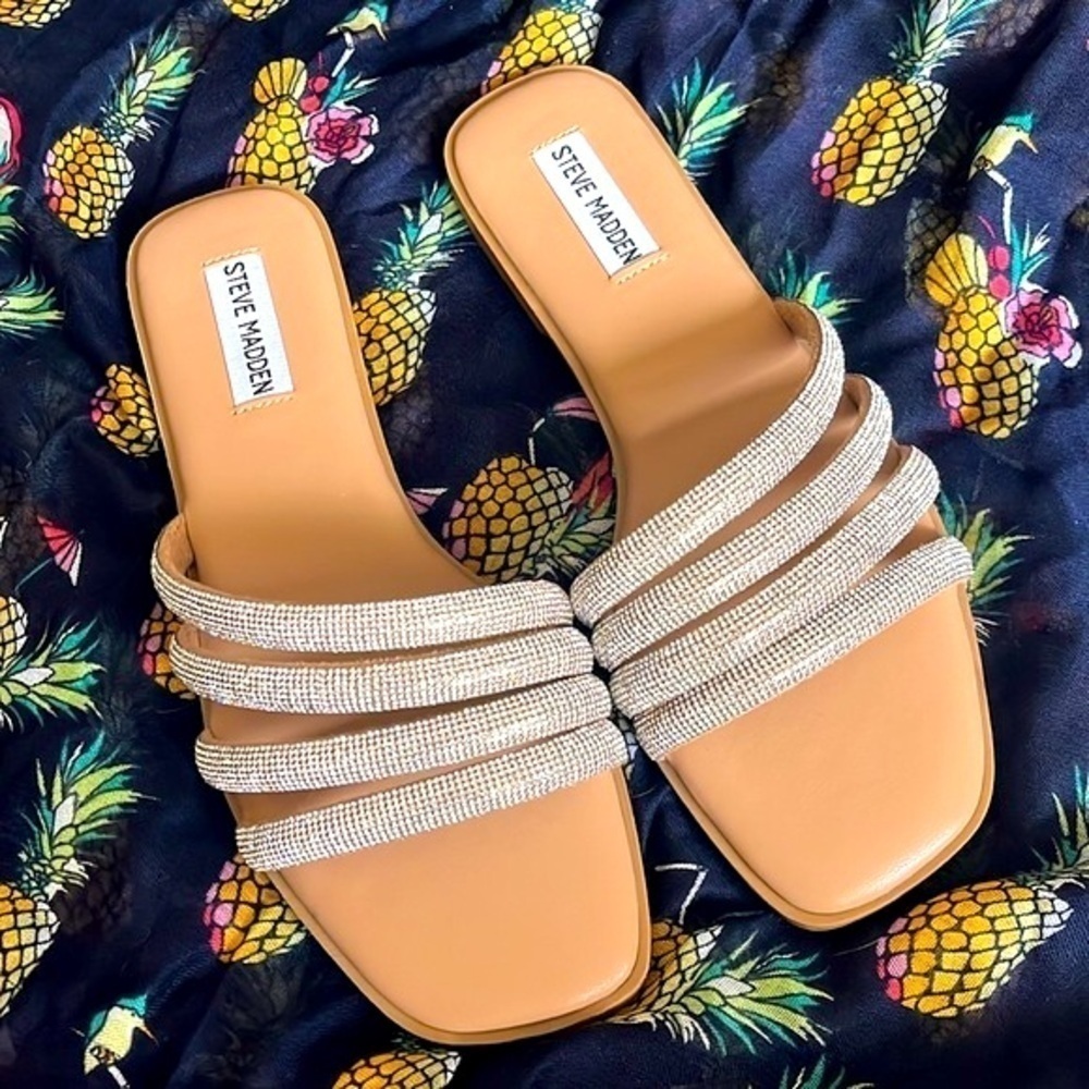 Brand New Steve Madden Rhinestone Multi-Strap Slip-On Sandals Bling Snazzy Slide - Picture 13 of 14